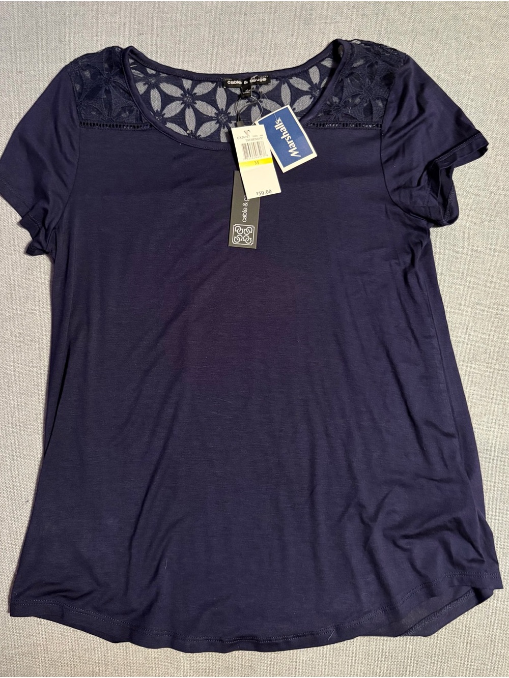 Cable & Gauge Navy Short Sleeve Top with Lace Yoke